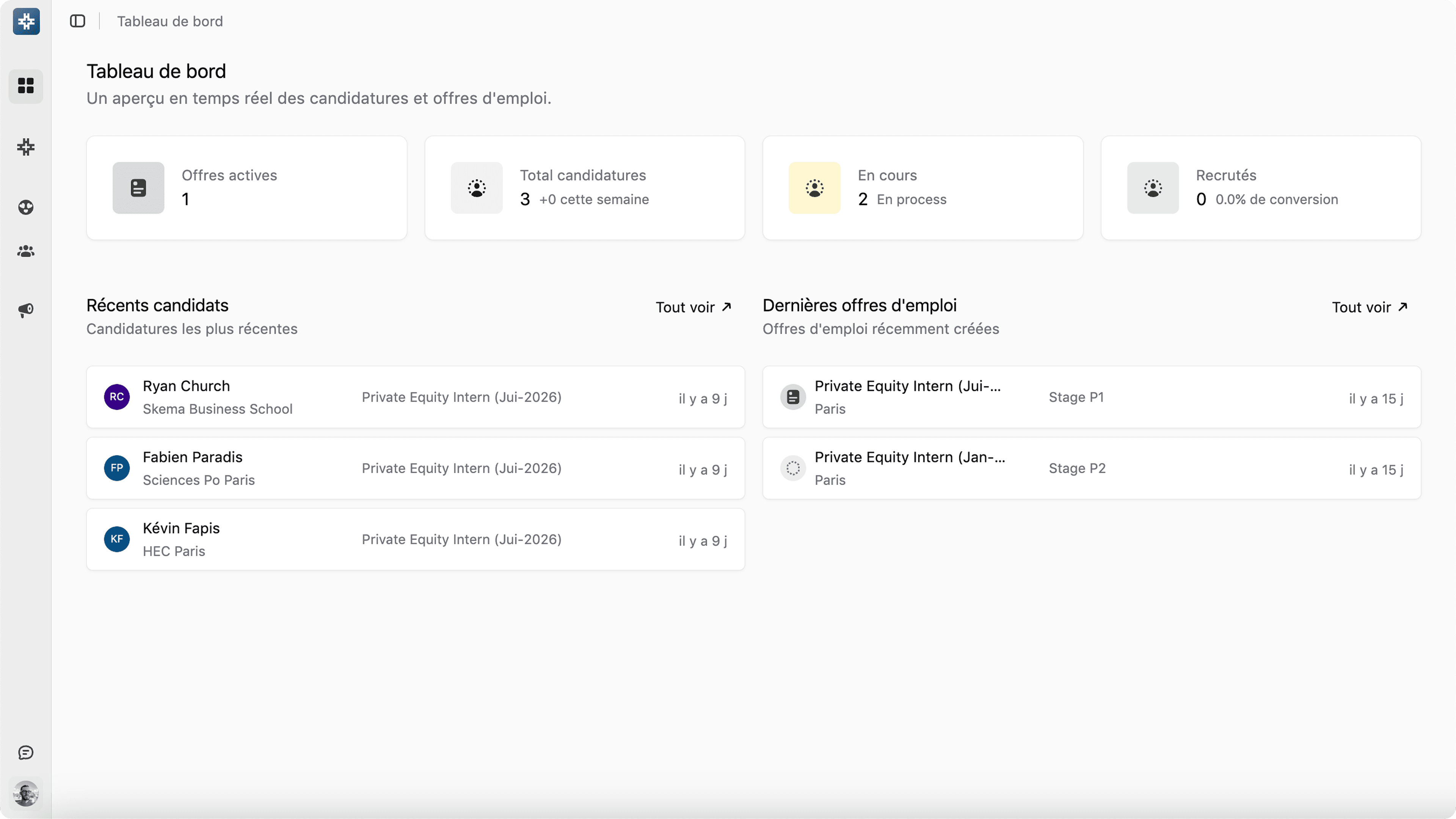 Dashboard interface showing jobs and candidates